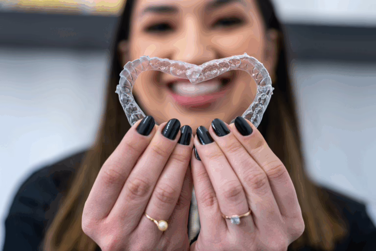 woman holding Invisalign trays