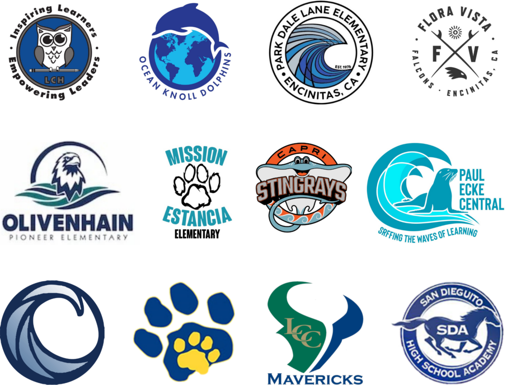 Logos of schools in Encinitas supported by Phillips Family Orthodontics, including Mission Estancia Elementary, Ocean Knoll Elementary, and other Encinitas area schools