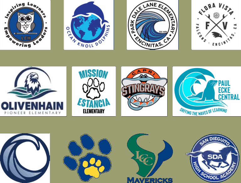 Logos of schools in Encinitas supported by Phillips Family Orthodontics, including Mission Estancia Elementary, Ocean Knoll Elementary, and other Encinitas area schools