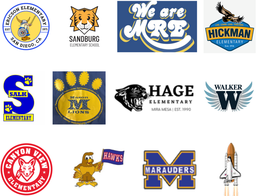 Logos of schools in Mira Mesa supported by Phillips Family Orthodontics, including Ericson Elementary, Sandburg Elementary, and other Mira Mesa and San Diego schools