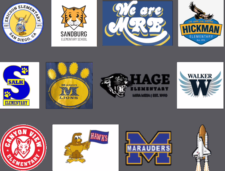 Logos of schools in Mira Mesa supported by Phillips Family Orthodontics, including Ericson Elementary, Sandburg Elementary, and other Mira Mesa and San Diego schools