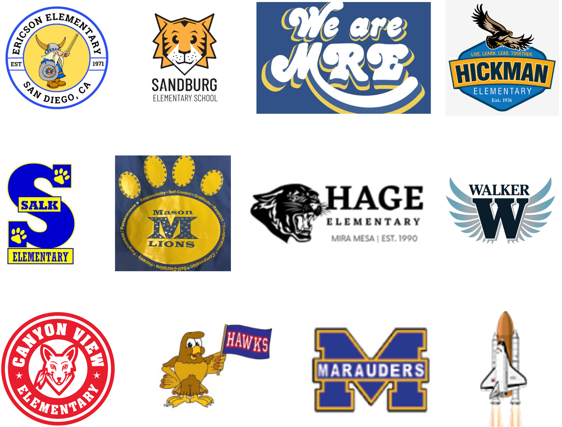 Logos of schools in Mira Mesa supported by Phillips Family Orthodontics, including Ericson Elementary, Sandburg Elementary, and other Mira Mesa and San Diego schools